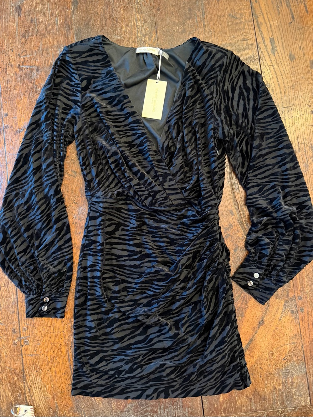 Ramy Brook Black Velvet Zebra-Print Wrap Dress